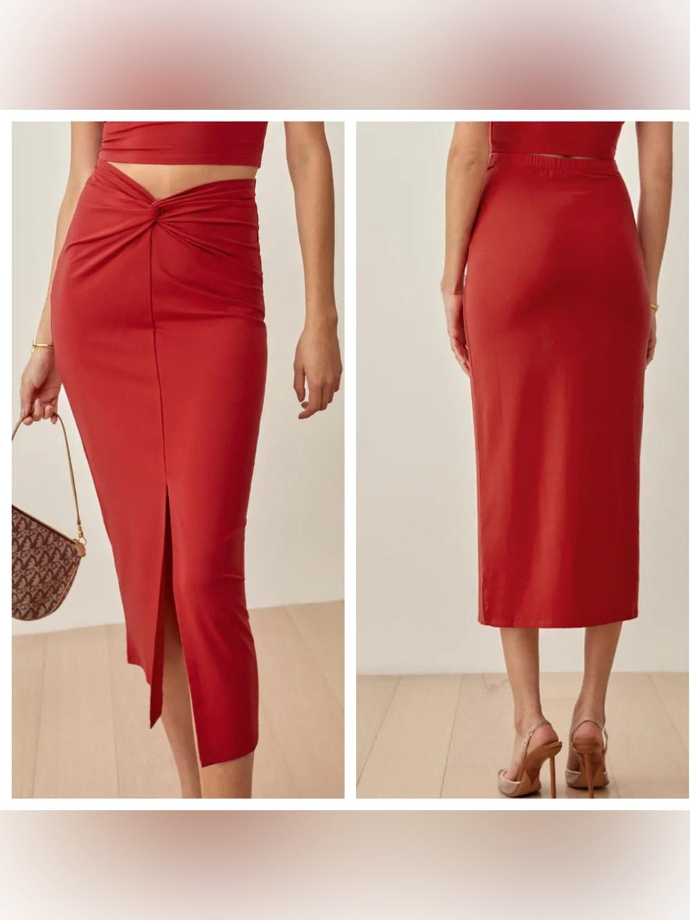 NWT Rylan jersey knit twist knot front midi skirt cherry red L holiday party